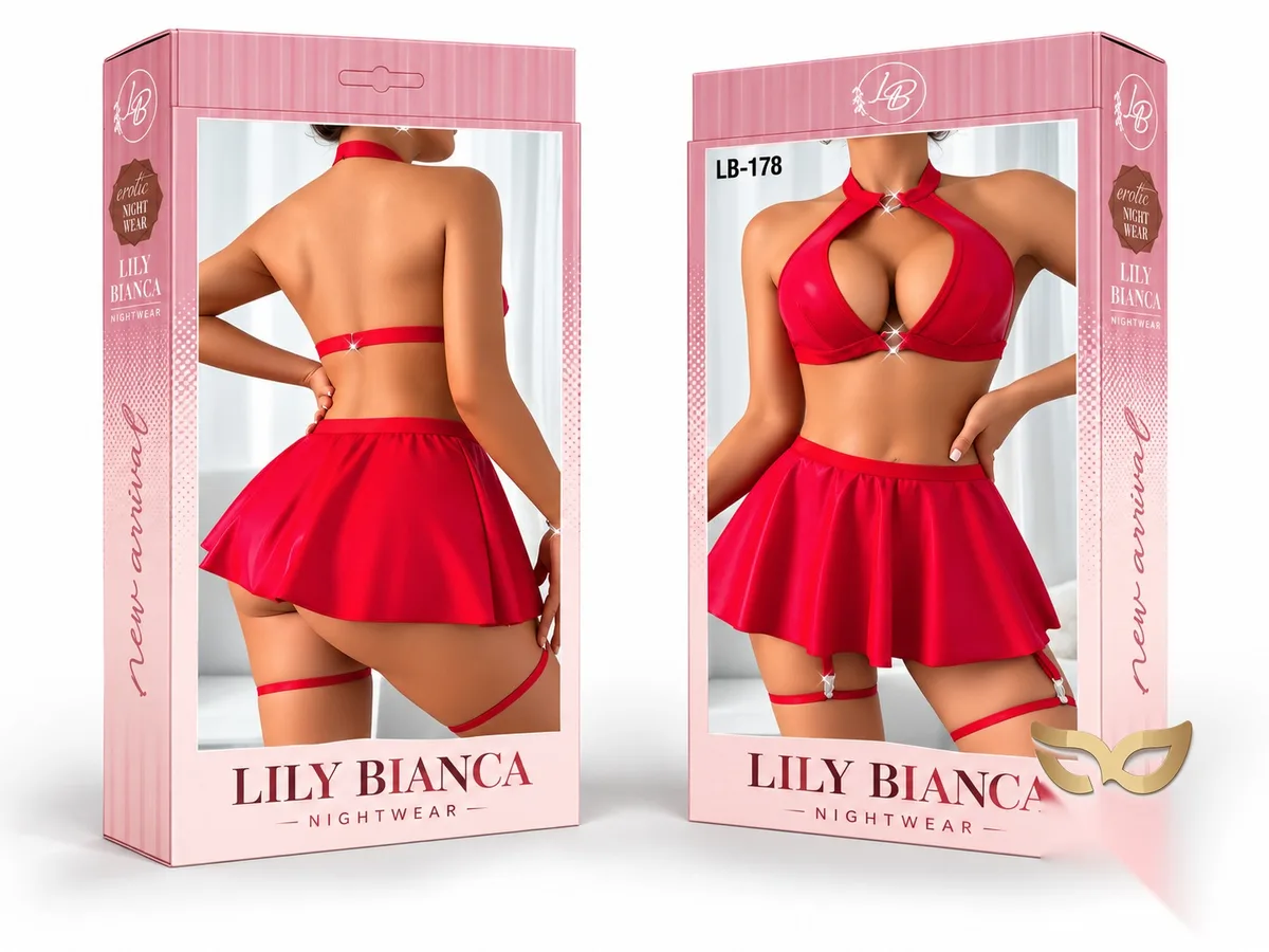 Red Hot – Wet Look Halter Set with Skirt